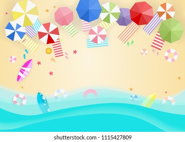 Top Aerial view of Summer, Paper cut of Beach and sea background with umbrellas, balls, swim ring, sunglasses, surfboard and beach equipment. Concept paper art idea style.