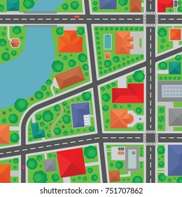 Top aerial view of a town neighborhood. Street map vector. Crosswalks, roads, trees and roofs of buildings illustration. 