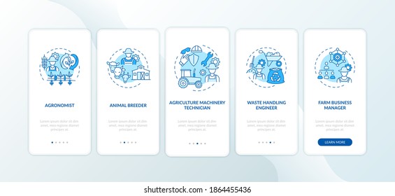 Top agriculture careers onboarding mobile app page screen with concepts. Agriculture machinery technician walkthrough 5 steps graphic instructions. UI vector template with RGB color illustrations