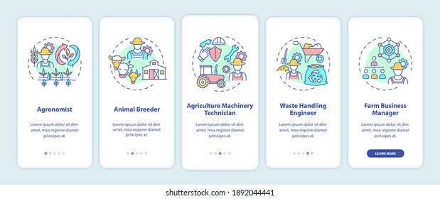 Top agriculture careers onboarding mobile app page screen with concepts. Animal farming breeder walkthrough 5 steps graphic instructions. UI vector template with RGB color illustrations