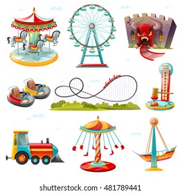 Top amusement park attractions rides flat icons collection with carousel ferry wheel and roller coaster vector illustration 