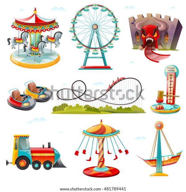 Top amusement park attractions rides flat icons\
collection with carousel ferry wheel and roller coaster vector\
illustration 