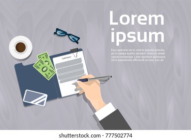 Top Angle View Of Business Man Signing Contract Document Workplace Banner With Copy Space Flat Vector Illustration
