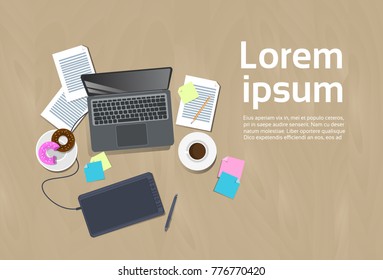 Top Angle View Of Designer Workplace Laptop With Digital Tablet And Stylus Pen, Template Workspace Background Concept Flat Vector Illustration