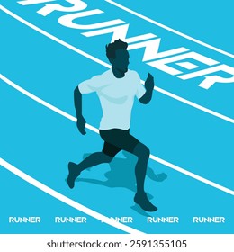 top angle view of dynamic blue sporty male runner silhouette illustration.