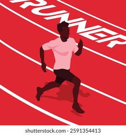 top angle view of dynamic red sporty male runner silhouette illustration.