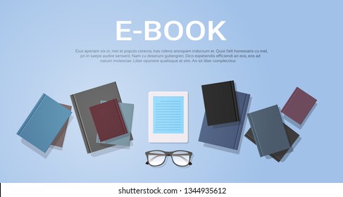 Top angle view of office desk with e-book 