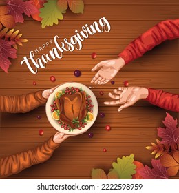 Top angle view of served thanksgiving turkey dish friendly family having lunch. vector illustration design