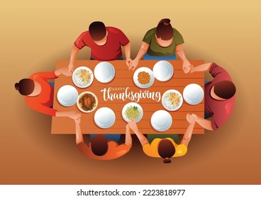 Top angle view of served thanksgiving turkey dish friendly family having lunch. vector illustration design