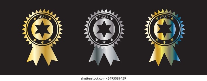 Top badge with ribbon , Premium Top badge, vector, award design, red gold and silver color badge, best seller, top badge set