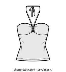 Ilustración técnica de moda del tanque de halter de cuello de bandeau superior con tieback delgado, ajuste delgado, arco, largo túrico. Delantera de la plantilla de ropa interior plana, color gris. Hombres mujeres unisex maquillaje CAD