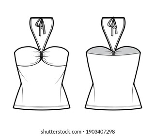 Top bandeau neck halter tank cotton-jersey technical fashion illustration with thin tieback, slim fit, bow, tunic length. Flat outwear template front, back, white color. Women men unisex CAD mockup