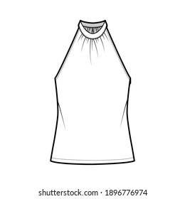 Top banded high neck halter tank technical fashion illustration with wrap, oversized, tunic length. Flat apparel outwear template front, white color. Women men unisex CAD mockup