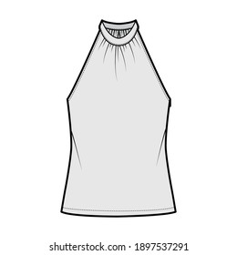 Top banded high neck halter tank technical fashion illustration with wrap, oversized, tunic length. Flat apparel outwear template front, grey color. Women men unisex CAD mockup