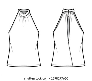 Top banded high neck halter tank technical fashion illustration with wrap, oversized, tunic length. Flat apparel outwear template front, back, white color. Women men unisex CAD mockup