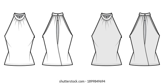 Top banded high neck halter tank technical fashion illustration with wrap, slim fit, tunic length. Flat apparel outwear template front, back, white, grey color. Women men unisex CAD mockup