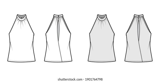 Ilustración técnica de moda del tanque de halter de cuello alto con tapa, de tamaño excesivo, de longitud túnica. Plantilla de ropa de vestir plana delantera, trasera, blanca, gris color. Hombres mujeres unisex maquillaje CAD