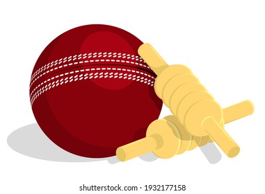 top bars of wooden cricket wicket lie on top on red sports ball. Isolated vector in cartoon style