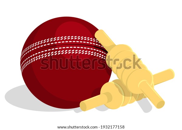 top bars of wooden
cricket wicket lie on top on red sports ball. Isolated vector in
cartoon style