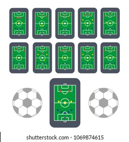 Top best popular football soccer green fields tactic table for coach players, match set concept. Planning upcoming schemes game 4 -3-3-2-1-5. Modern flat vector illustration icons. Isolated on white