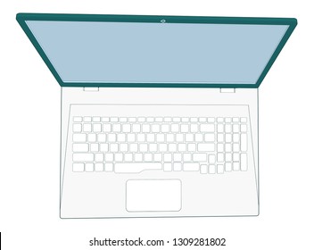 top birds eye view angle of a Modern Laptop open 115 degree vector illustration blank empty screen visible