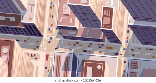 Top Or Birds Eye View Of Cityscape With Modern Skyscrapers. Megapolis Building With Public Transport Traffic In The Street. Urban Downtown In Day Time. Horizontal Flat Vector Cartoon Illustration