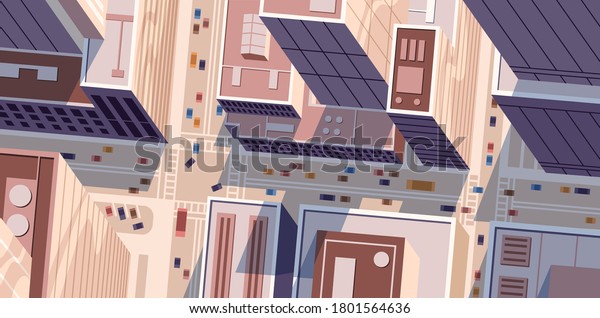 Top or birds eye view of cityscape with\
modern skyscrapers. Megapolis building with public transport\
traffic in the street. Urban downtown in day time. Horizontal flat\
vector cartoon\
illustration
