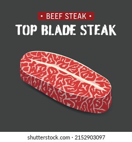 Top blade steak , raw marble beef steak vector illustration isolated on black background