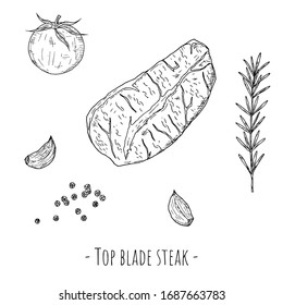 Top blade steak. Vector cartoon illustration. Isolated object on a white background. Hand-drawn style.