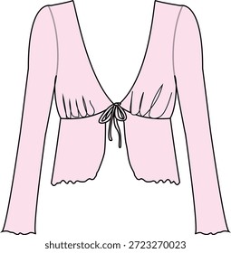 top blouse tie front bow cad Garment Flat clothing technical drawing cads fashion design apparel outline v neck eyelash lace trending Vector designer women illustration croquetas mock up girls pretty tops