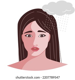 Top body of stressed woman, worring woman face, she is nervous and anxious. Anxiety and depress concept. Flat vector illustration.