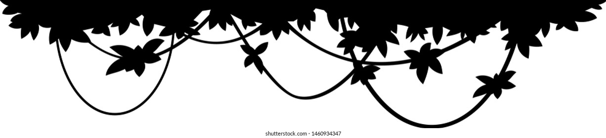 Top border black silhouette of tropical leaves with lianas isolated, decorative composition of jungle plants on one side, dense vegetation of the jungle, topical forest plants