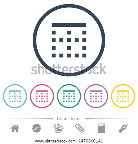 Top border flat color icons in round outlines. 6 bonus icons included.