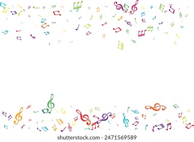 Top border from flying music notes. Vector decoration element in rainbow colors.