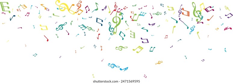 Top border from flying music notes. Vector decoration element in rainbow colors.