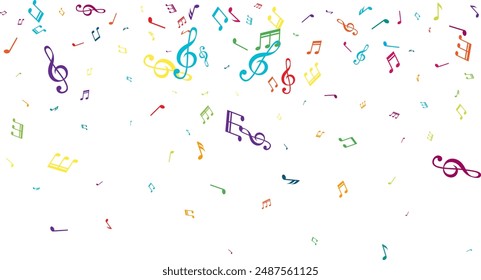 Top border from flying music notes. Vector decoration element in rainbow colors.