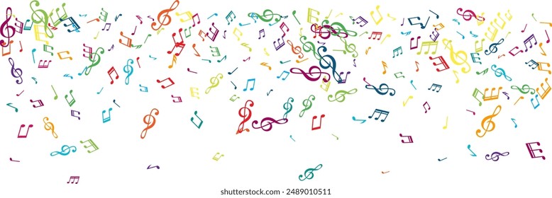 Top border from flying music notes. Vector decoration element in rainbow colors.