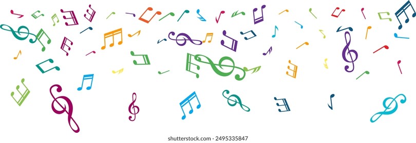 Top border from flying music notes. Vector decoration element in rainbow colors.