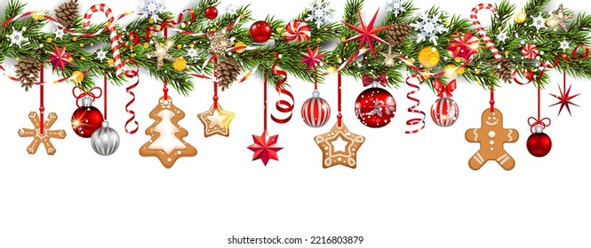 Frontera superior con pan de jengibre y decoraciones navideñas. Bolas, estrellas, panecillos, ramas de abetos aisladas. Cartel de vacaciones de invierno