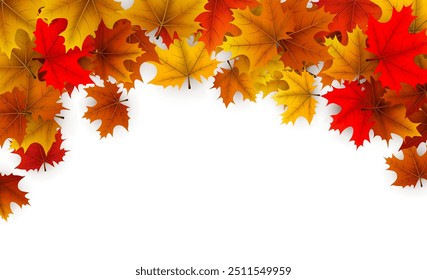 Top border of vibrant autumn maple leaves in red, orange, and yellow tones. Vector illustration.