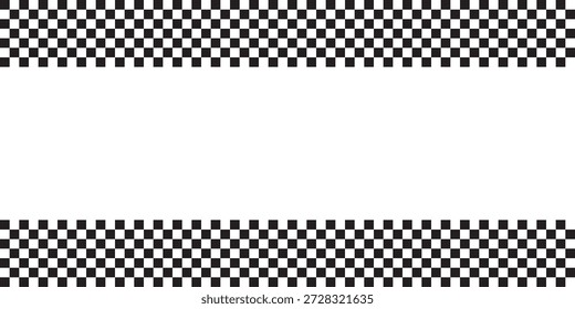 Top and bottom borders with checkered race flag or chess board print. Motocross or rally sport car competition background with empty space. Black and white squares pattern. Vector graphic illustration