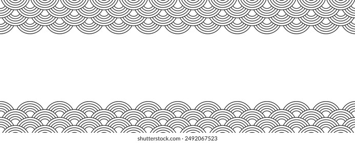 Top and bottom borders with japanese seigaiha pattern and empty space. Black and white scallops print. Fish squama or dragon scale. Simple geometric background. Vector graphic illustration.