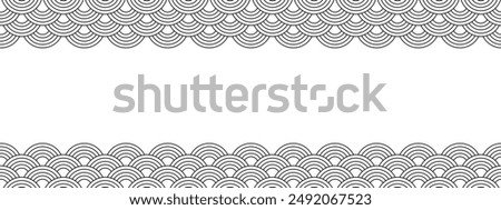 Top and bottom borders with japanese seigaiha pattern and empty space. Black and white scallops print. Fish squama or dragon scale. Simple geometric background. Vector graphic illustration.