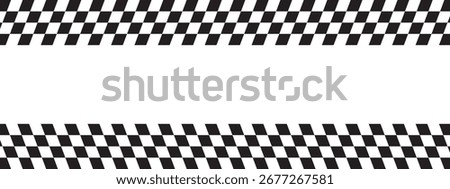 Top and bottom borders with race flag or checkerboard print. Chess game or rally sport car competition background with empty space. Slanted black and white checkered pattern. Vector illustration.