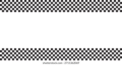 Fronteras superiores e inferiores con bandera de rally o impresión de tablero de ajedrez. Fondo de competición de tablero de ajedrez o coche deportivo de rally con espacio vacío. Patrón a cuadros en blanco y negro. Vector ilustración gráfica.