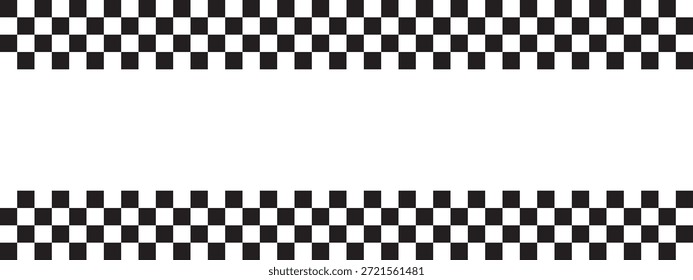Obere und untere Ränder mit Rallye-Fahne oder Schachbrettdruck. Auto-Sport-Spiel Hintergrund mit leeren Raum. Schwarz-weiß kariertes Muster. Vektorgrafik.