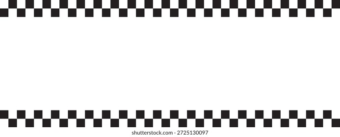 Obere und untere Ränder mit Rallye-Fahne oder Schachbrettdruck. Schachspiel oder Sportwagen Wettkampf Hintergrund mit leeren Raum in der Mitte. Schwarz-weiß kariertes Muster. Vektorgrafik.