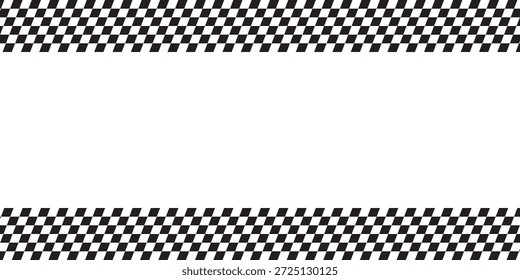 Fronteras superiores e inferiores con bandera de carrera inclinada o impresión de tablero de ajedrez. Fondo del juego del deporte del coche con el espacio vacío en centro. Patrón a cuadros blanco y negro inclinado. Vector ilustración gráfica.