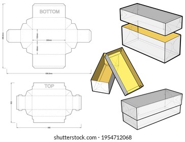 Oben und unten (interne Messung 12x10x3cm) und Die-Schnitt Muster. Einfache Montage, kein Klebstoff nötig. Die EPS-Datei ist voll skaliert und voll funktionsfähig. Zubereitet für die Herstellung von Pappe.