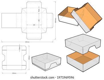 Top and Bottom box (Internal measurement 20x20x7cm) and Die-cut Pattern. Ease of assembly, no need for glue. The .eps file is full scale and fully functional. Prepared for real cardboard production.